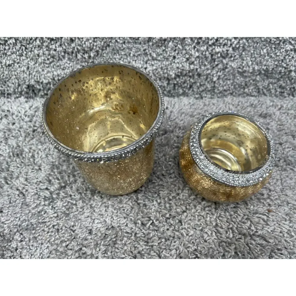 Crackle Gold Glass Tea Light Candle Holder Home Decoration Set Of 2